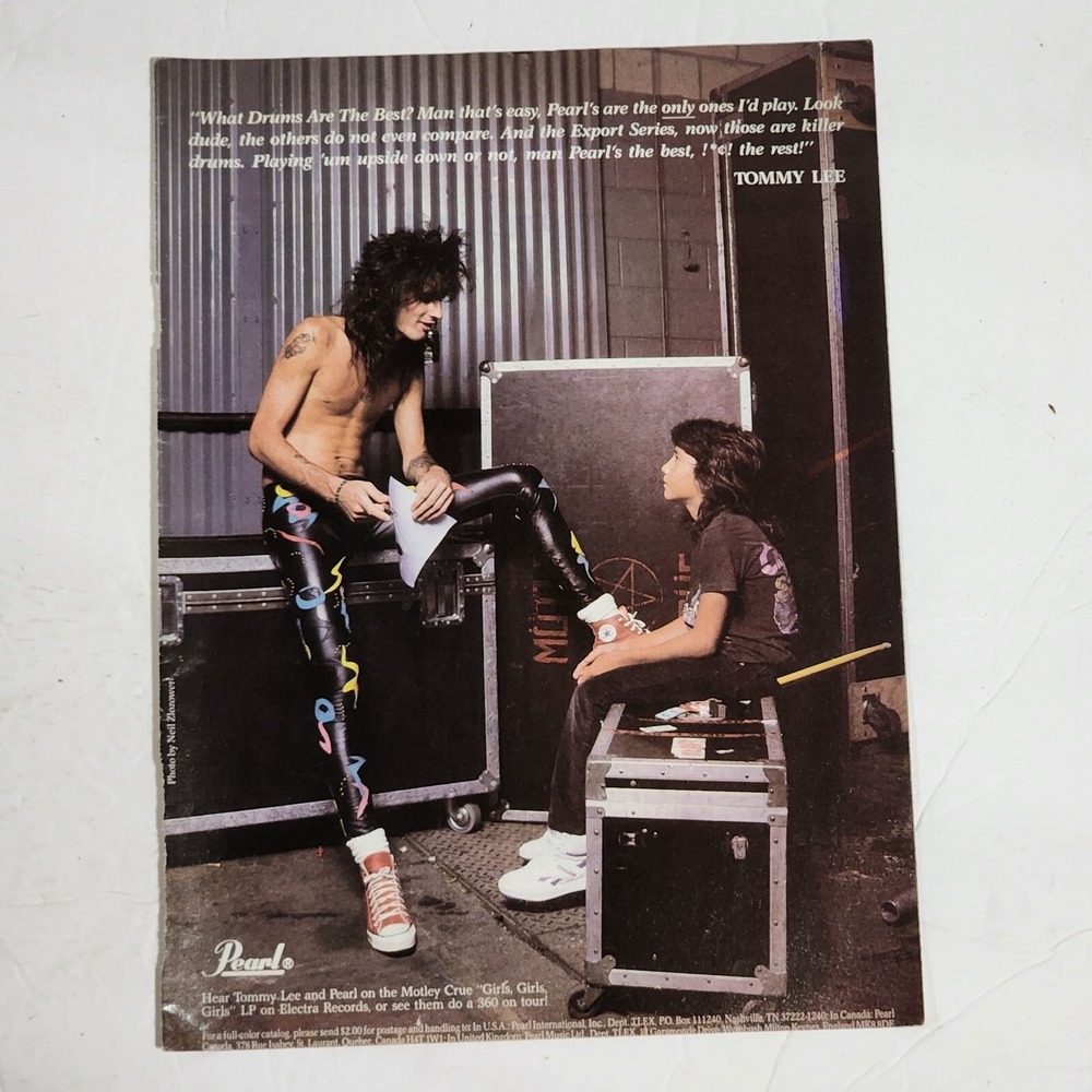Vintage Print Ad TOMMY LEE Pearl drum set hair band clipping 1990 8x10